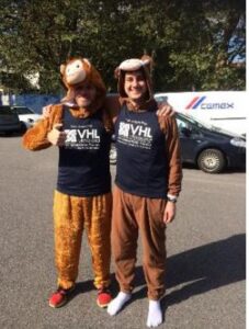 Gez and Chris running in monkey outfits for the Great South Run 2015